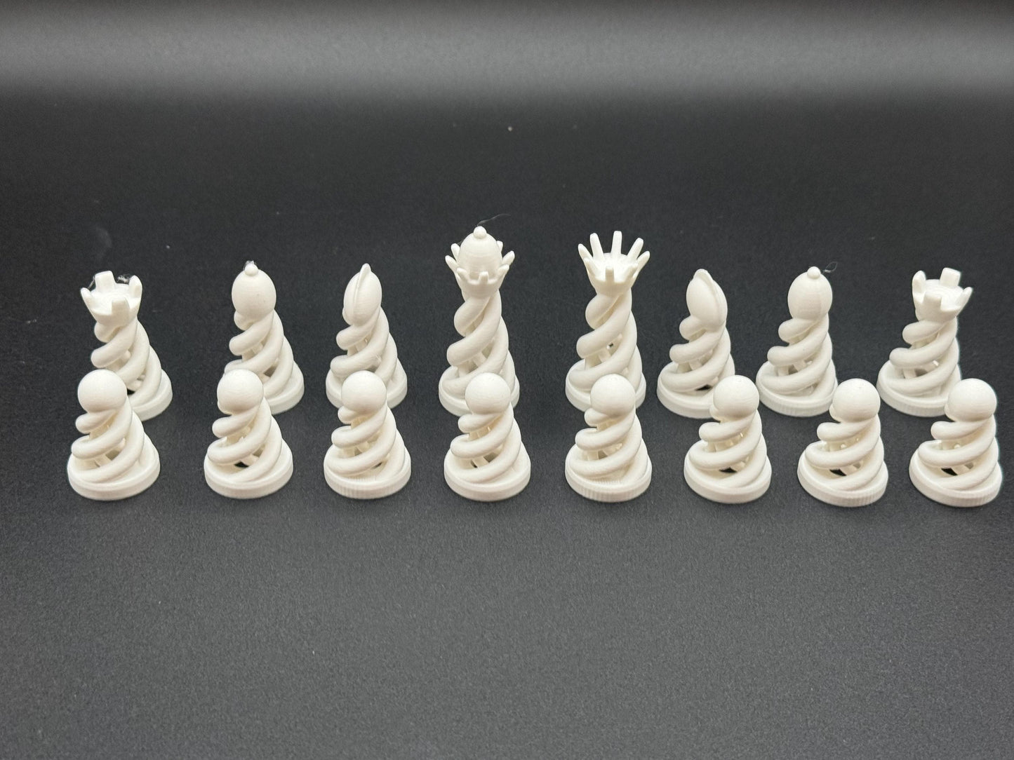 Spiral chess set, with collapsible board and case, 3D printed chess set with spiral pieces
