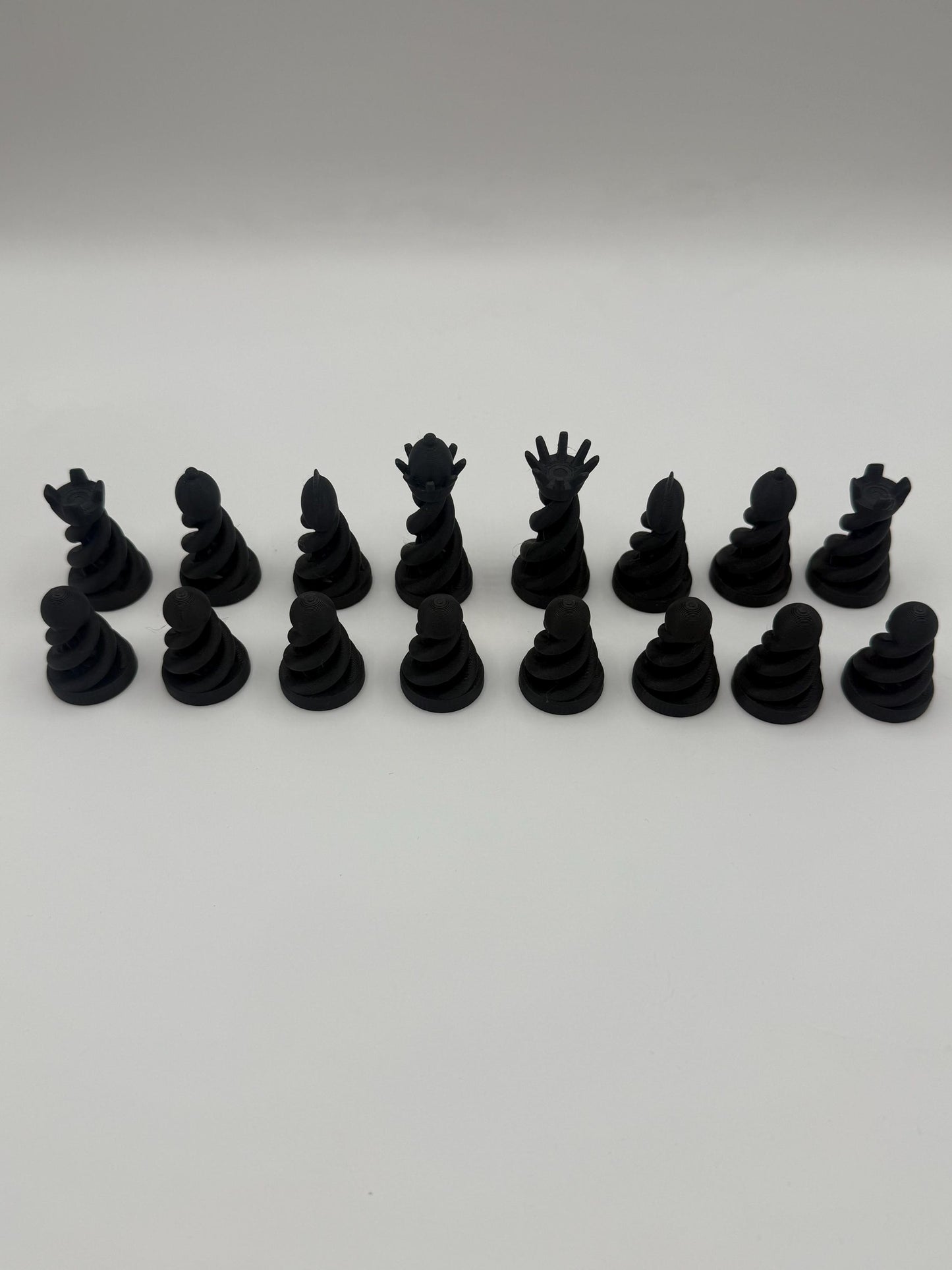 Spiral chess set, with collapsible board and case, 3D printed chess set with spiral pieces