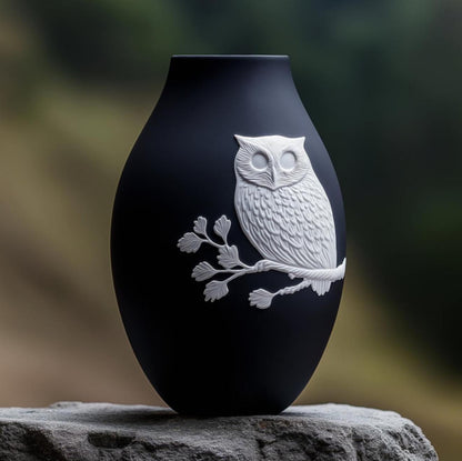 Elegant Black Vase with White Owl Design – 3D Printed Home Decor