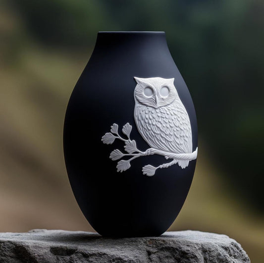 Elegant Black Vase with White Owl Design – 3D Printed Home Decor